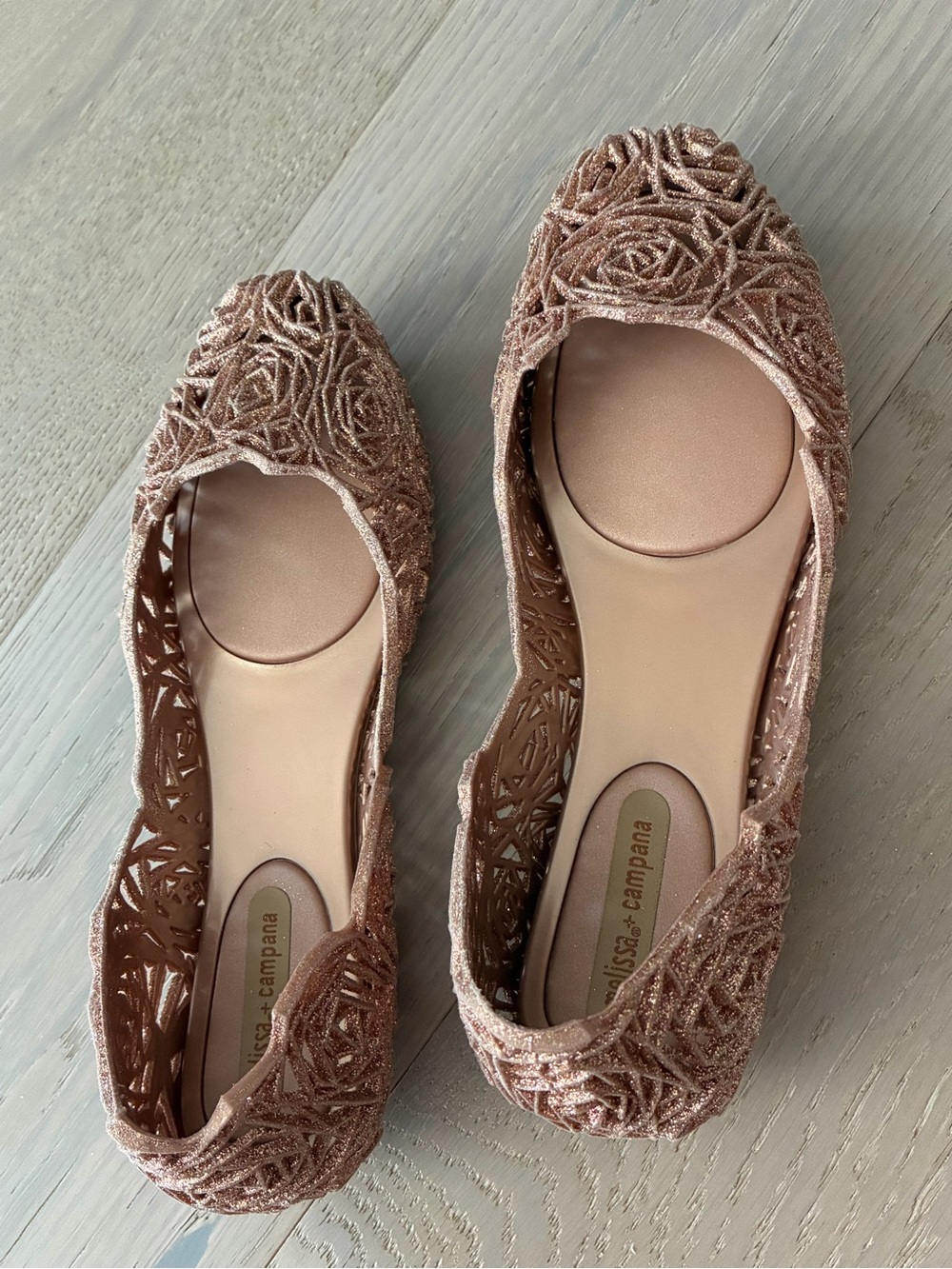 Melissa Rose Gold Glitter Ballet Flats - Size 7 - Made in Brazil